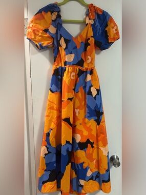 Women’s V-Neck Puff Sleeve Dress in Orange & Blue Floral Print